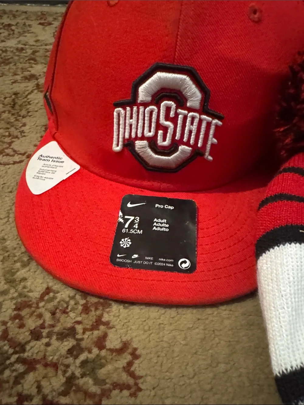 Ohio State Red Pom Baseball Cap and Red Striped Knit Beanie Hat Set